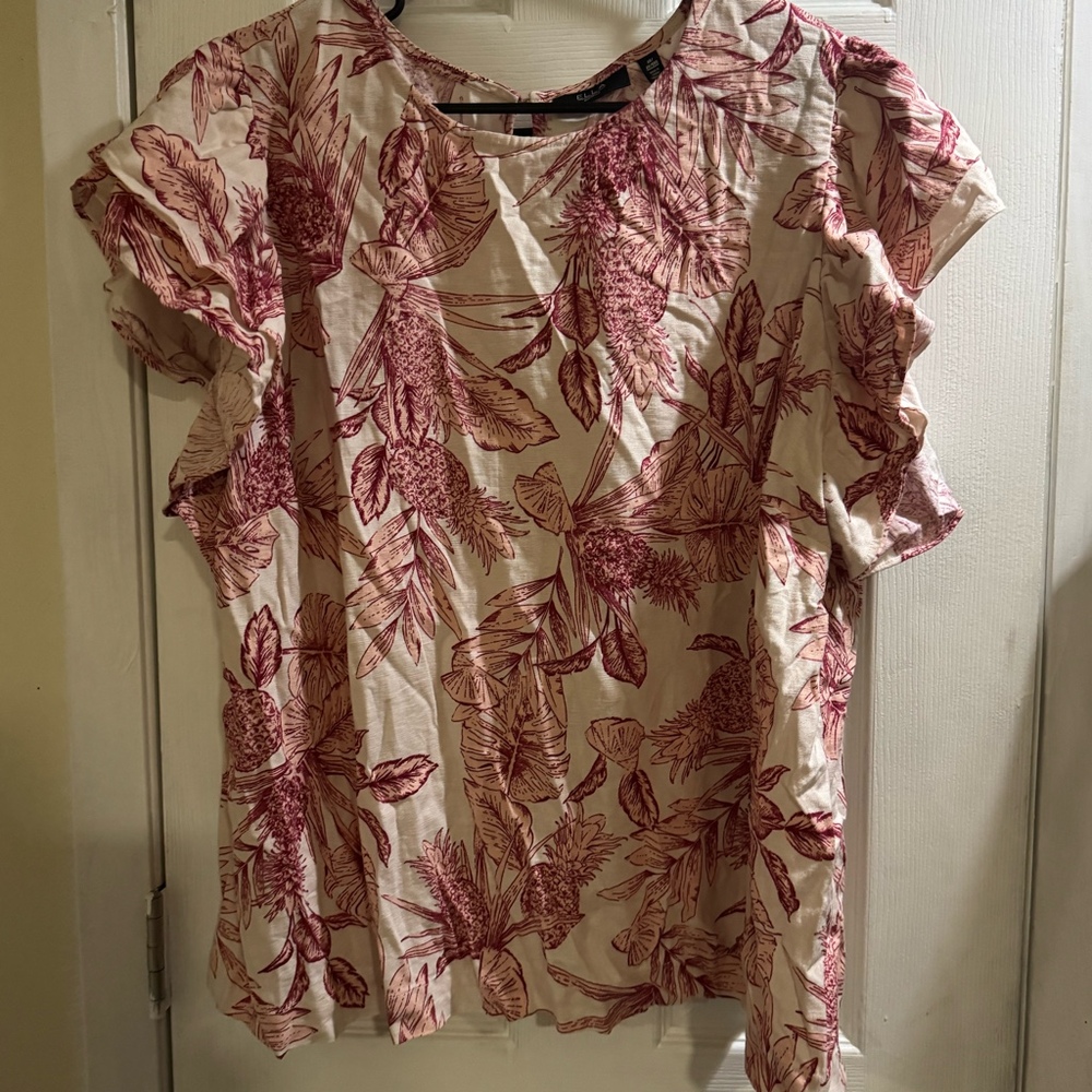 Ella Rafaella Women’s Linen Blend Tropical Floral Flutter Sleeve Blouse 2X